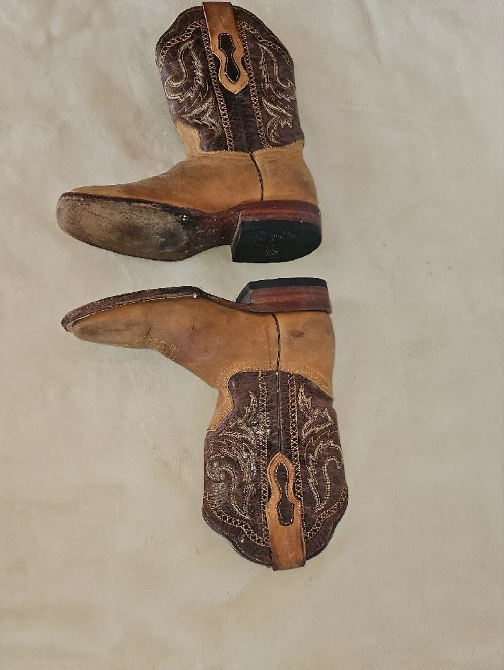Boys, Two-Tone Tan Western Cowboy Boots with Embroidered Shaft
